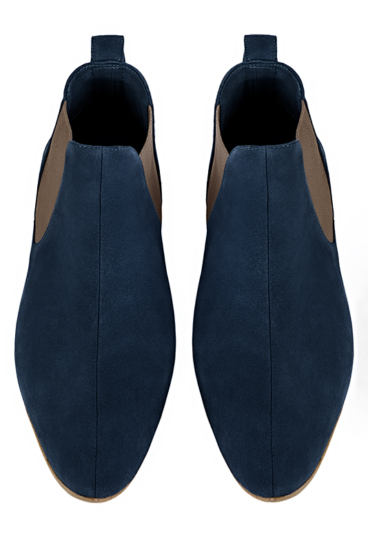 Navy blue and taupe brown dress ankle boots for men. Round toe. Flat leather soles. Top view - Florence KOOIJMAN